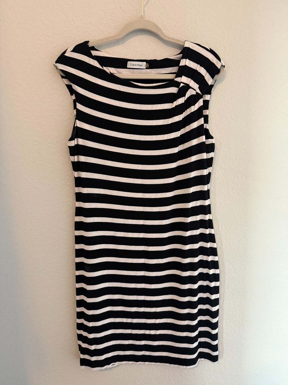 Calvin Klein Womens Black White Stripe Dress Cap Sleeves Knee Length Size 12